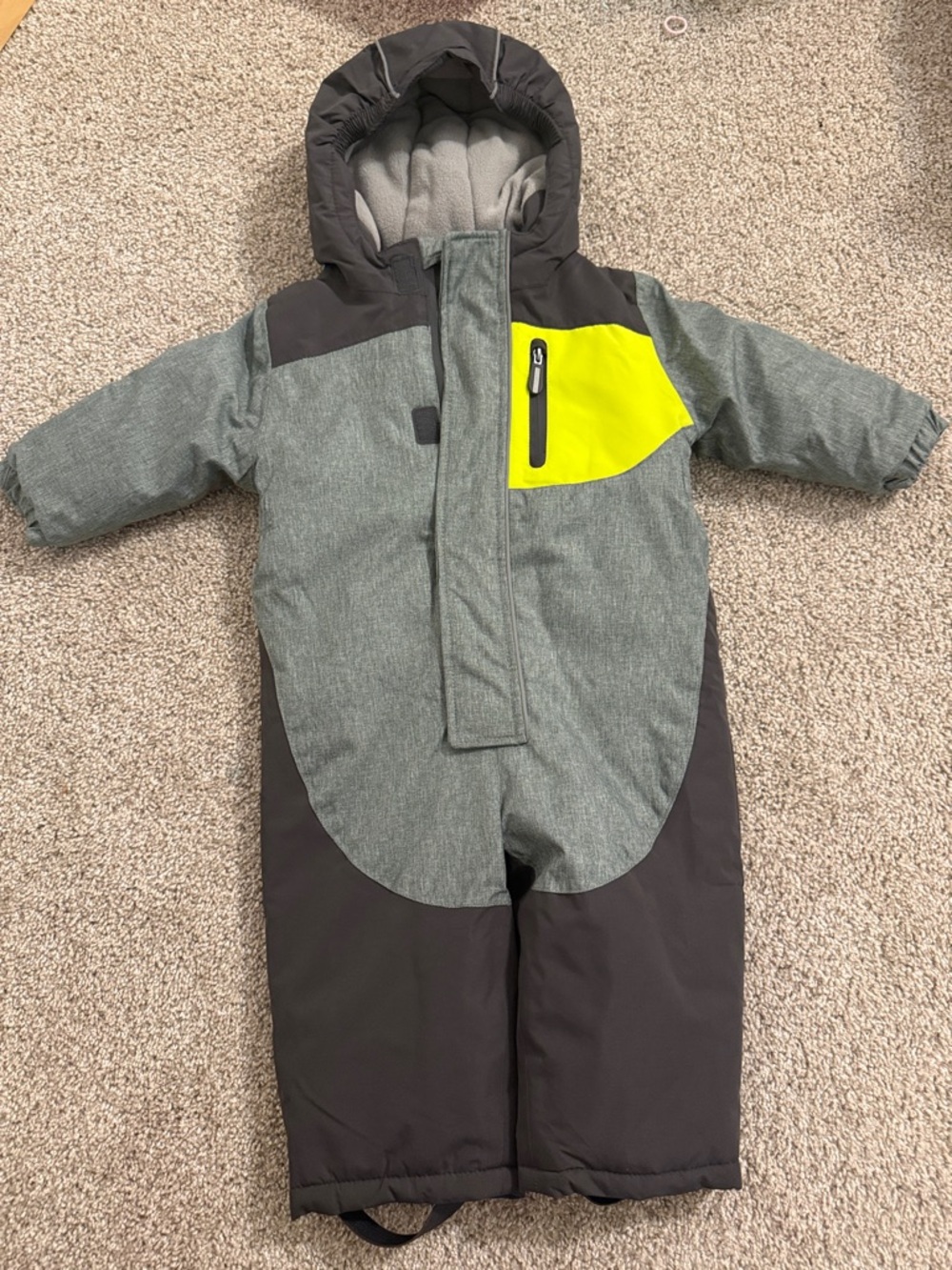 Toddler Insulated One-Piece Snowsuit in Gray with Neon Yellow Accent